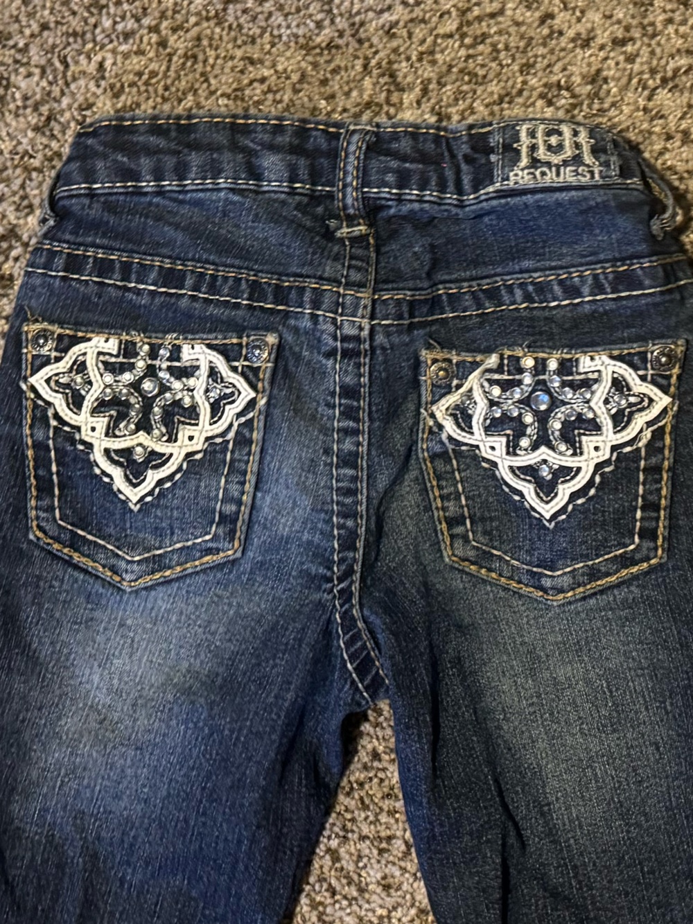 Dark Blue Embroidered Kids Jeans with Rhinestones - Request Girls